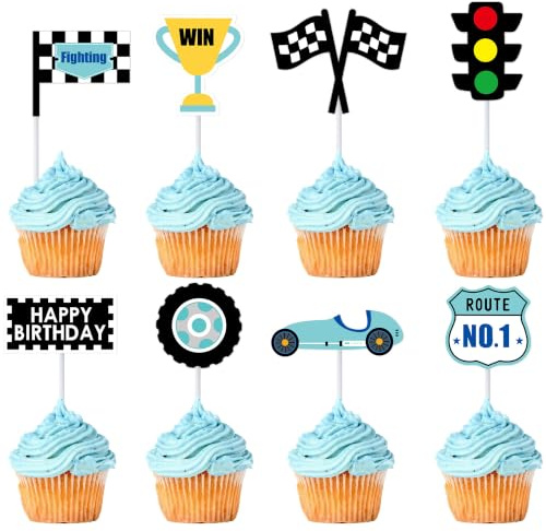 32Pcs Race Car Cupcake Toppers Blue Racing Car Cupcake Picks | Racing Sports Theme Baby Shower Boys Race Car Birthday Cupcake Cake Decorations,Blue Race Car Party Decorations Supplies
