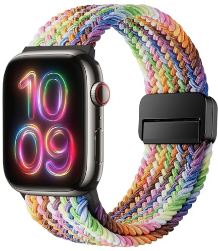 HITZEE Compatible with Apple Watch Strap 49/46/45/44/42/41/40/38mm, Nylon Stretchy Braided Band Magnetic Clasp Designed for iWatch SE 3/2/1 Series 11 10 9 8 7 6-1 (38/40/41/42, Pride Edition)