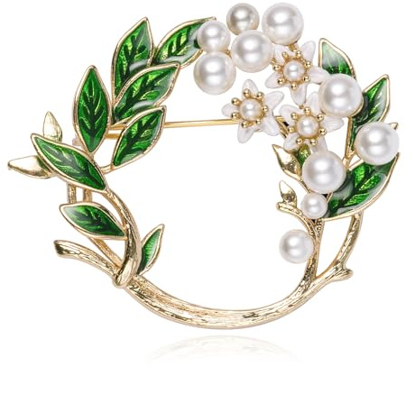 Brosche Blume Damen Gold, SHE'S FREE STYLE JUST FOR YOU Elegante Blumenkranz Brosche mit Perlen & Emaille, Vintage Anstecknadel mit grünen Blättern für Kleidung, Broschen & Anstecknadeln Damen Schmuck