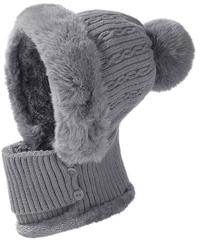 JFAN Mössor för kvinnor vinter stickad mössa dam varm fleece hatt och halsduk för skidåkning utomhus, Grå, one size