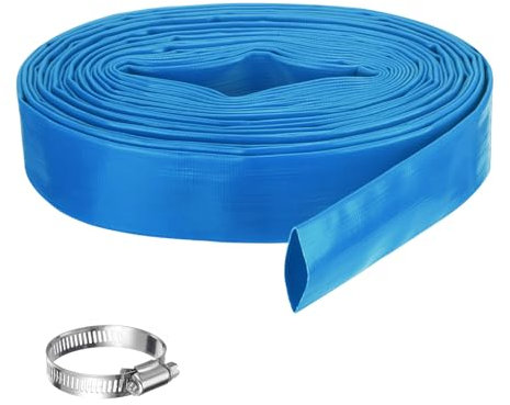 Rebower Pool Backwash Hose, 1.2 Inch x 50ft Reinforced Drain Hose PVC Lay Flat Water Discharge Pump Hoses for Pool Filter Swimming Pump, with 1pcs Clamps, Blue