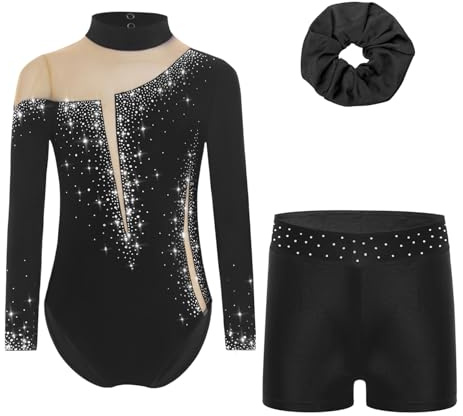 ranrann Enfant Fille Ensemble de Gymnastique Justaucorps Strass et Short avec Chouchou Tenue Patinage Artistique Danse A Noir 13-14 ans