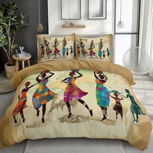 Bettwäsche Set Kultur Tanz Afrika Bunt, Weiches Atmungsaktives Bettwäsche-Set 3-Teilig Mit Reißverschluss, Bedruckter Wendebettbezug Für Schlafzimmerdekoration 220 cm X 240 cm