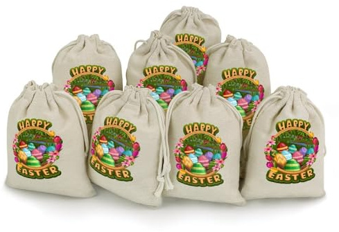 Hiseng 8 Stück Jutesack, Bedruckt Osternsack Jutesack 17 x 12.5 cm Jutesäckchen für Geschenkbeutel Ostern, Muttertag, Säckchen für Schmuck Hochzeit (Dunkelgrüne Eier,8 Stück)
