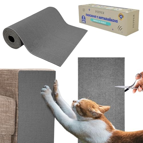 PEPPER® Alfombra Rascador para Gatos 40x200cm + Pings de Fijación + Juguete Estimulación + Tijeras | Protector Sofa Gatos Arañazo | Ideal para Evitar Arañazos en Sofás y Muebles | Tapete Autoadhesivo