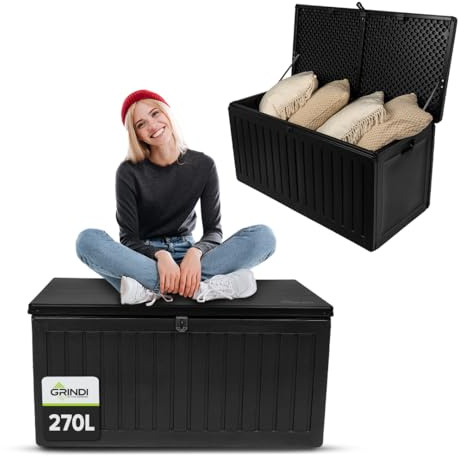 Grindi Gartenbox 270 L Auflagenbox Cygnus Kissenbox Gartenmöbel Balkonmöbel | Auflagenbox wasserdicht - Kissenbox Outdoor wasserdicht - Aufbewahrungsbox mit Deckel Garten - Geräteschuppen Garten Zubehör