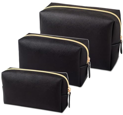 Make-up-Tasche 3-teiliges Make-up-Taschen-Set tragbares Kosmetiktaschen-Set aus Leder in 3 Größen mit goldenem Reißverschluss schwarze wasserdichte Kosmetiktasche für den Reiseaufbewahrungs-Organizer