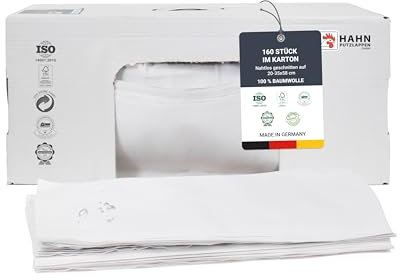 Hahn Putzlappen® Handtuchrollen Weiß [160 Stück] – Nahtlos zugeschnitten 20-35x58 cm – Saugstark & langlebig für Werkstatt, Haushalt & Autopflege – 100% Recycling, 100% Baumwolle, Made in DE