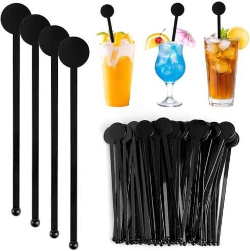 Leikedun 80 Touillettes Cocktail Reutilizables en PS – Agitador Cóctel Palos Mezcladores negros 18 cm para café, jugo, vino, batido – Plástico alimentario sin BPA