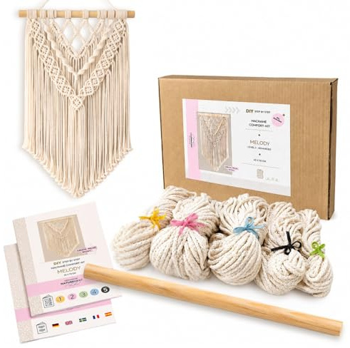 NatureNest DIY Makramee Set 'Melody' XL Wandbehang 45x70cm | Farbsystem & Garn-Vorschnitt, Inkl. Massivholzstab, Duo-Anleitung (Bild + Text), Sofort loslegen, Made in Sweden