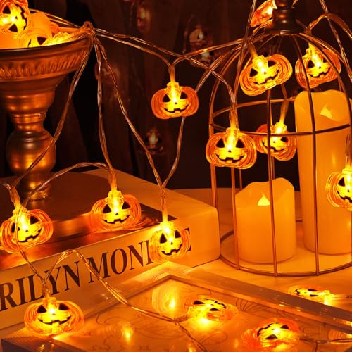Etopgo Halloween Deko Lichterkette, 3M 20 LED Kürbis Lichterkette Batterie mit 6H Timer, Orange Kürbis Lichter für Innen Außen, Halloween Party, Garten