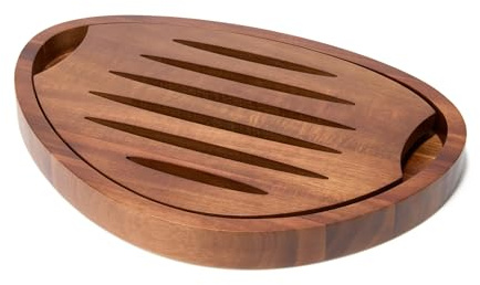 Nambe x Tom Papa Breaking Bread Cutting Board, 2-Piece Retro Style Acacia Wood Bread Board with Nesting Crumb Tray, Mid-Century Modern Serving Board for Slicing & Entertaining, 11.7” x 16”