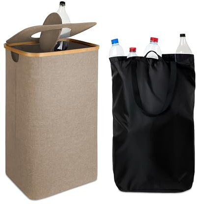 Relaxdays Pfandflaschen Sammelbehälter 100 l, HxBxT: 70 x 42 x 34 cm, Stoff, waschbar, Flaschensammler mit Deckel, beige