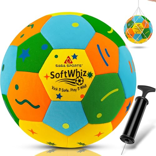 SAGA SPORTS SoftWhiz Colorful Safe Indoor Football Size 4 for kids | Felt-Cover Soft Football for Inside Your Home and Yard – Fun Gift with Pump, Needle & Mesh Bag