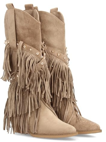 Stivale in Stile Western con Gambale Alto Decorato con Frange a Cascata e Borchie Metalliche, Punta Affusolata e Tacco Cubano. Ideale per Le Donne nella Stagione Autunno/Inverno. Kaki Talla 39