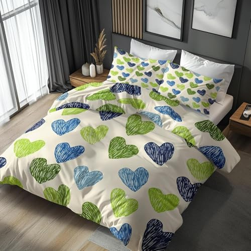 Copripiumino Singolo 135x200 cm A Forma di Cuore Blu Set di Biancheria da Letto Stampa 3D A Forma di Cuore Verde Copripiumini con Cerniera in Morbida Microfibra e 2 Federe 50x80 cm C-5966