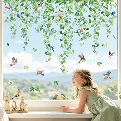 Tanlaby Pegatinas de Ventana Plantas Trepadoras Vinilos Estáticos Hiedra Enredaderas Hojas Verdes Decoración Cristales Doble Cara para Puertas Ventanas Cristales de Salón Dormitorio Oficina