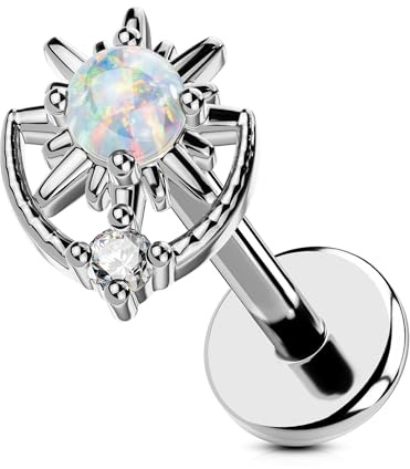 OUFER Body Piercing Lippenpiercing 18G Labret Stud Titanium Push-in Lip Piercing Jewelry 6mm Opal CZ Helix Tragus Earring for Fresh/Healed Piercings