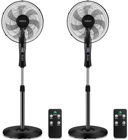 Aigostar Ventilador de Pie Silencioso, Mando a Distancia, 7 Aspas: Gran Caudal de Aire 2160m³/h, 3 Modos, 3 Velocidades, Temporizador 7,5 horas, Oscilación 70°, 115-140 cm, 55 W, Negro, 2 Unidades