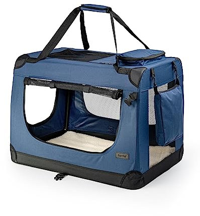 lionto Hundetransportbox faltbar für Reise & Auto, 60x42x44 cm, stabile Transportbox mit Tragegriffen & Decke für Katzen & Hunde bis 12 kg, robuste Hundebox aus Stoff für klein & groß, dunkelblau
