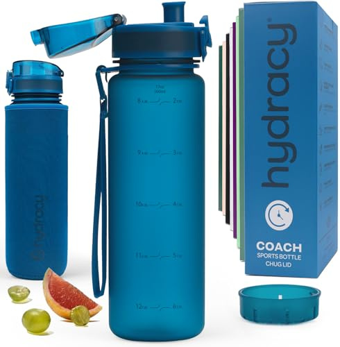 Hydracy Water Bottle with Time Marker - 500 ml 17 Oz BPA Free Water Bottle - Leak Proof & No Sweat Gym Bottle with Fruit Infuser Strainer for Fitness or Sport & Outdoors - Midnight Blue