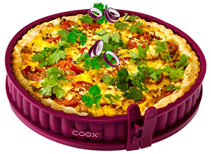 coox Stampo per quiche con fondo in porcellana, diametro 26 cm, in rosso scuro, cuocere e tagliare direttamente sulla piastra in porcellana, non è necessario spostare