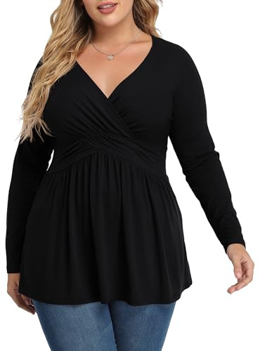 Tianzh plus storlek svarta toppar för kvinnor wrap baby docka skjorta långärmad vinter tunika topp dress v-ringad blus empire midja låg skärning flödande söta kläder, svart, XXL