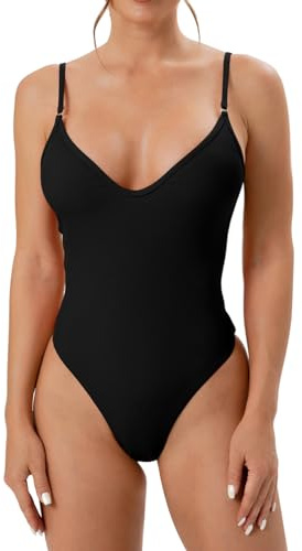 Silkglory Costume Intero Donna Scollo Tinta Unita a V a Costine Push Up Sexy, Vita Alta Contenitivo Pancia Costume da Bagno Donna Nero - XL