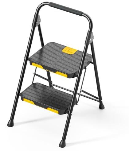 KINGRACK 2 Step Ladder, Sturdy Steel Step Stool with Safe-Lock Design, Handrail, Anti-Slip Wide Pedals, Pass 800lbs Load Testing, Folding Portable Ladder for Multi-Purpose, Home, Kitchen, Black