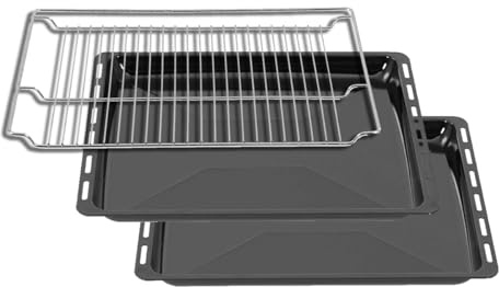 ICQN Backblech 3er Set mit Gitter 46,5 × 37 × 3 cm, Kompatibel mit Siemens, Bosch, Beko, Constructa, Neff & Amica, Emaillierte Backbleche für Backofen & Herd