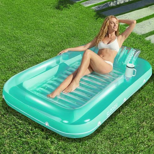 Sloosh Uppblåsbar solbränna pool, loungeflytande, 178 cm x 117 cm solbrunt badkar, flytande, solpool med kudde, personlig poolstol för vuxen sommar vattenfest, L-cyan