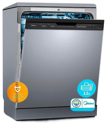 Midea Lavavajillas 60 cm+++ Inox para 12 servicios - Lavaplatos libre instalación - Compacto con 5 Programas de Lavado integrable - Filtro Antibacterias y Programación Horaria Nuevo Modelo