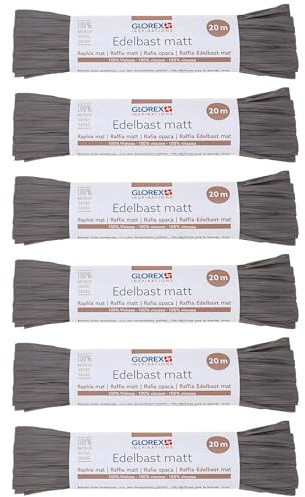 GLOREX 6 9400 515K - Raffia Edelbast, 6 Bündel je 20 m matter Bast, Grau - zum Basteln, zur Dekoration oder für Gestecke, Sträuße und andere floristische Arbeiten