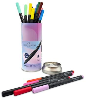 FABER-CASTELL 151617 - Grip Finepen, fineliner med metallklädd fiberspets 0,4 mm, 15 fiberspetspennor i promotionburk