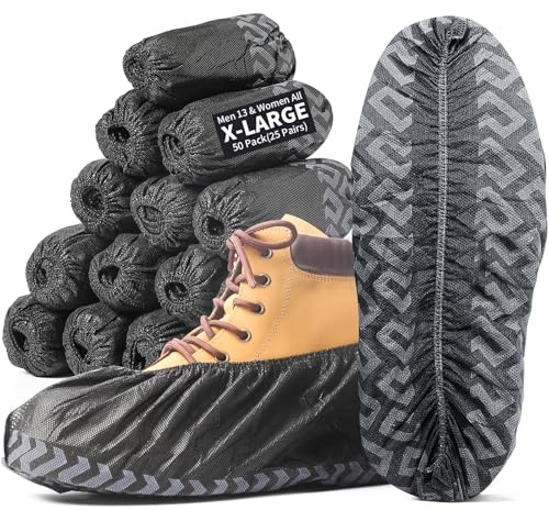 X-Large 50-pack (25 par) skoskydd, engångs halkskydd, svart icke-vävt tyg stövelskydd för inomhus andningsbart halkbeständigt hållbart stövel- och skoskydd, töjbar passar upp till storlek 13 US män