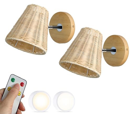 Apliques de pared bohemios de mimbre de ratán recargables a batería, juego de 2 luces de pared a batería con control remoto, bombillas regulables por USB, lámpara de pared inalámbrica para dormitori