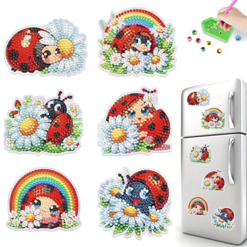 6 Stück Diamond Painting Magnete Kühlschrank,einfache Marienkäfer Diamant Malerei Kühlschrankmagnete,Kunsthandwerk für Anfänger und Erwachsene,für Whiteboard,Pinnwand,Kühlschrank,Magnettafel