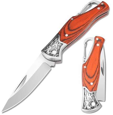 SPITZKANTE Zweihandmesser Klein, EDC Taschenmesser mit Karabiner-Clip, 42a konform, 440C Stahl, Mini Klappmesser mit Holzgriff, legal in Deutschland