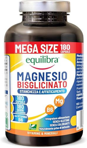 Equilibra Magnesio Bisglicinato, 180 Capsule, 250mg, con Vitamina B6, Scorta 6 Mesi, Vegan, Integratore Stanchezza e Affaticamento, Sistema Nervoso e Funzione Muscolare, Senza Glutine
