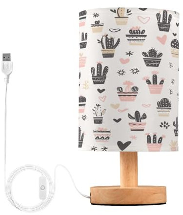 Cgiub Lampe de chevet en forme de cactus pour chambre à coucher, lampe de chevet LED, lampe de lecture avec abat-jour en tissu, base en bois et port USB pour bureau, salon, chambre d'enfant