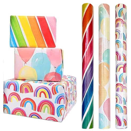 Geschenkpapier Geburtstag Kinder, XINOUKJ 3 Rollen Geschenkverpackung Set 43 cm x 3 M, Recycelbares Geschenkpapierrollen für Hochzeiten, Partys, Babypartys, und Geschenke