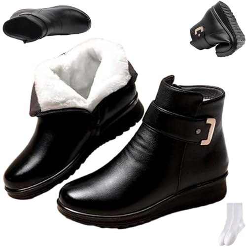GAGFDA Botas ortopédicas de lana de piel auténtica con hebilla de metal para mujer, elegantes, antideslizantes, con forro de piel, cálidas, impermeables, de cuña baja, con cremallera lateral, Lana