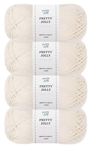 Pretty Jolly 4 Skeins Soft Baby Cotton Yarn, DK Weight, DIY Craft Blanket Yarn for Crochet & Knitting, Total 324m/200g (Cream White)