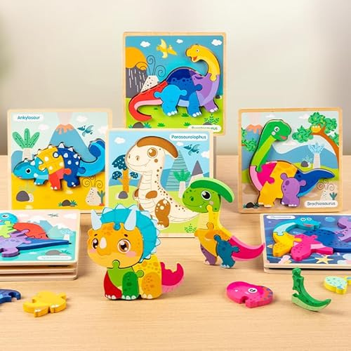 Dinosaurier Holzpuzzle für Kinder | 6er-Pack| Montessori Lernspielzeug für Kinder ab 1 Jahr | Motorikspielzeug| Denkspiel für Kleinkinder ab 2 | Geschenk für Jungen & Mädchen| Puzzle für Kinder ab 3
