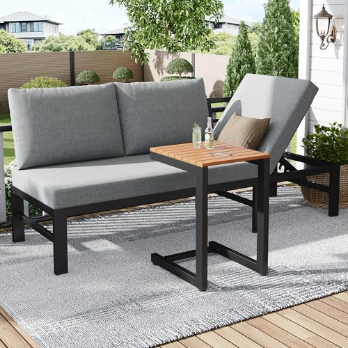BNUZ Set di mobili da giardino, divano esterno, grigio, 3 posti, con funzione di inclinazione regolabile (5 livelli, fino a 55°), con tavolo, tubo in acciaio zincato, piano in plastica