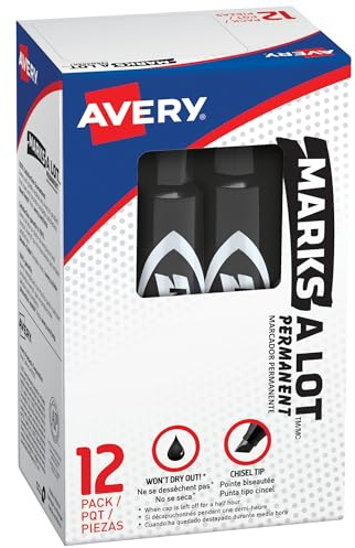Avery Marks-A-Lot Regular Desk-Style Size Chisel Tip, 12 Black Permanent Markers are perfect for signs and posters (07888)