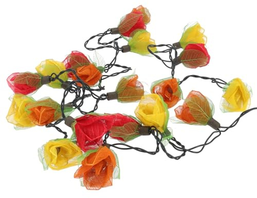 Blüten LED Lichterkette mit 20 Blüten, 20 Stk Rose rot/gelb/orange | Hergestellt aus Skelettblättern, Durchmesser: 6 cm, Gesamtlänge: 3,5 m