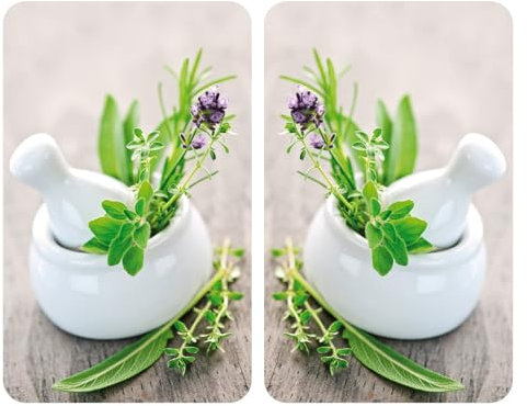 WENKO Plaque de Recouvrement Universelle Mod. Jardin de Fines Herbes, réglable en hauteur pour tout type de cuisinière, planche à découper et protection anti-éclaboussures, verre, 30 x 52 cm, 2 pièces