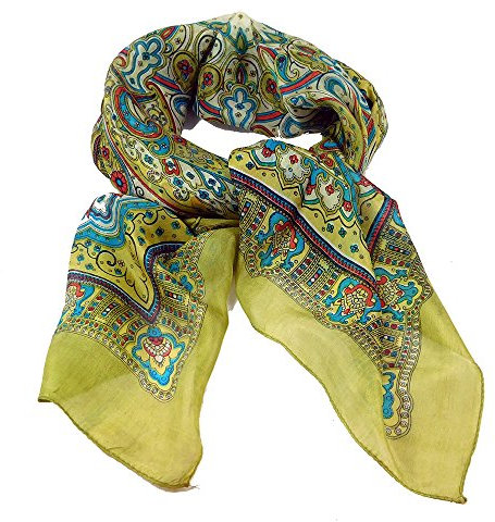 musimon Tuch Seidentuch Schal Paisley Muster 100% Seide 100 cm x 100 cm gold rot türkis