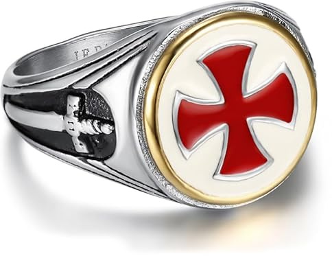 BOBIJOO Jewelry - Bague Chevalière Templier Homme Acier Inoxydable Argent Email Or Croix Rouge épée 16mm - 71 (13 US)